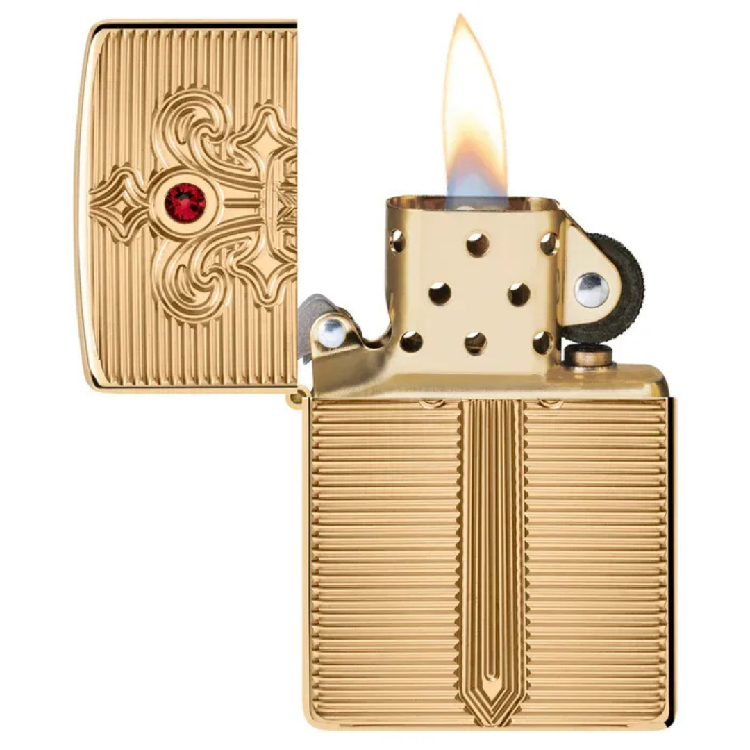 Bật Lửa Zippo Armor Royal Saber Design – Zippo High Polish Brass Khắc Sâu Deep Carve Đính Đá Ruby Chính Hãng USA