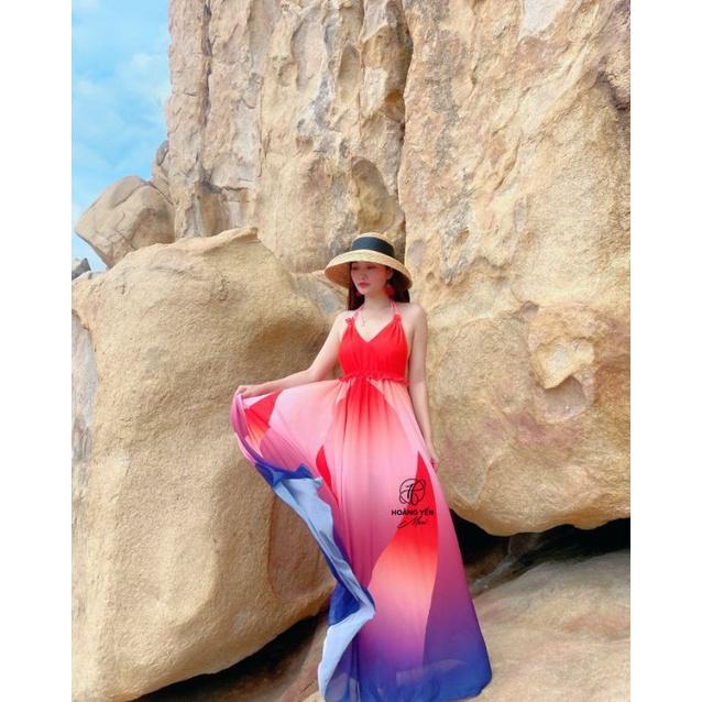 HOANGYEN - Edana dress đầm maxi hở lưng phối bèo đi biển, váy đi biển, du lịch