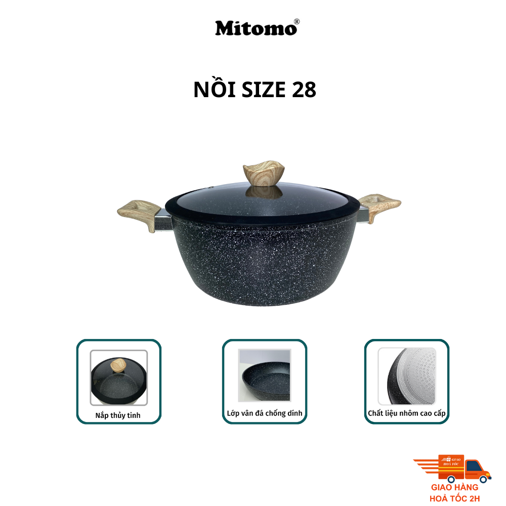 Bộ nồi chảo vân đá 6 món chống dính cao cấp Mitomo Queen Time, dùng cho bếp từ, bếp ga - Hàng chính hãng