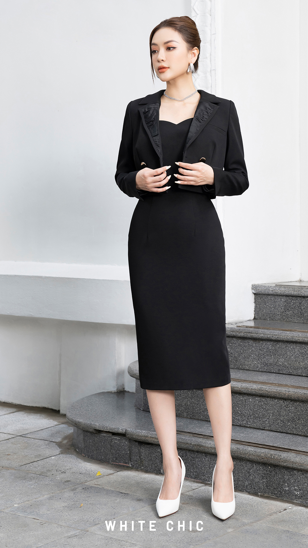 Set áo blazer &amp; đầm hai dây Amare thiết kế cao cấp WHITE CHIC