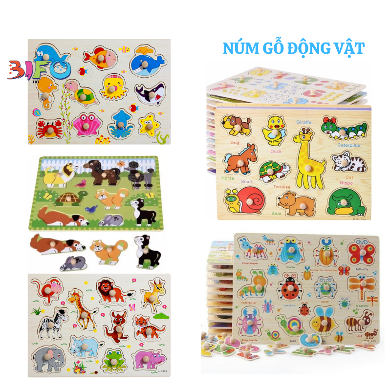 COMBO Bảng núm gỗ bảng chữ cái bảng chữ số động vật hình học nhiều chủ đề