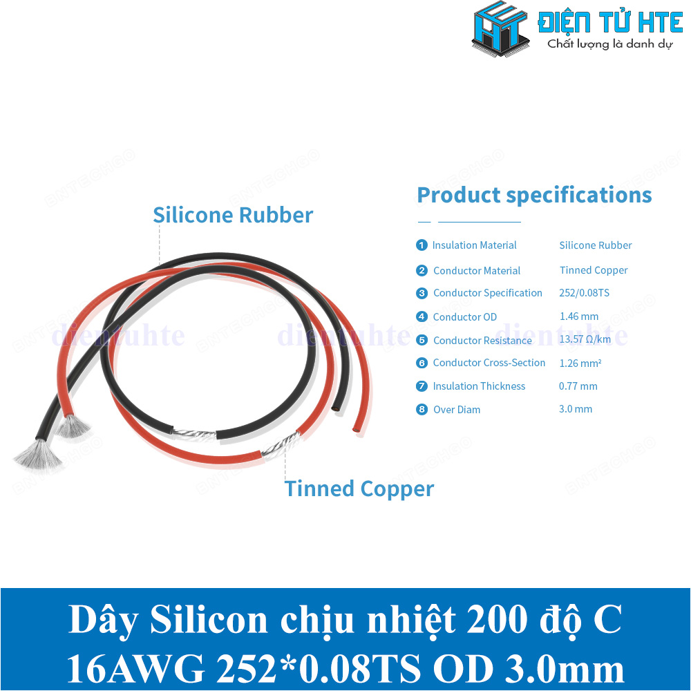 Dây điện Vỏ Silicon chịu nhiệt 200 độ C 16AWG 252*0.08TS OD 3.0mm