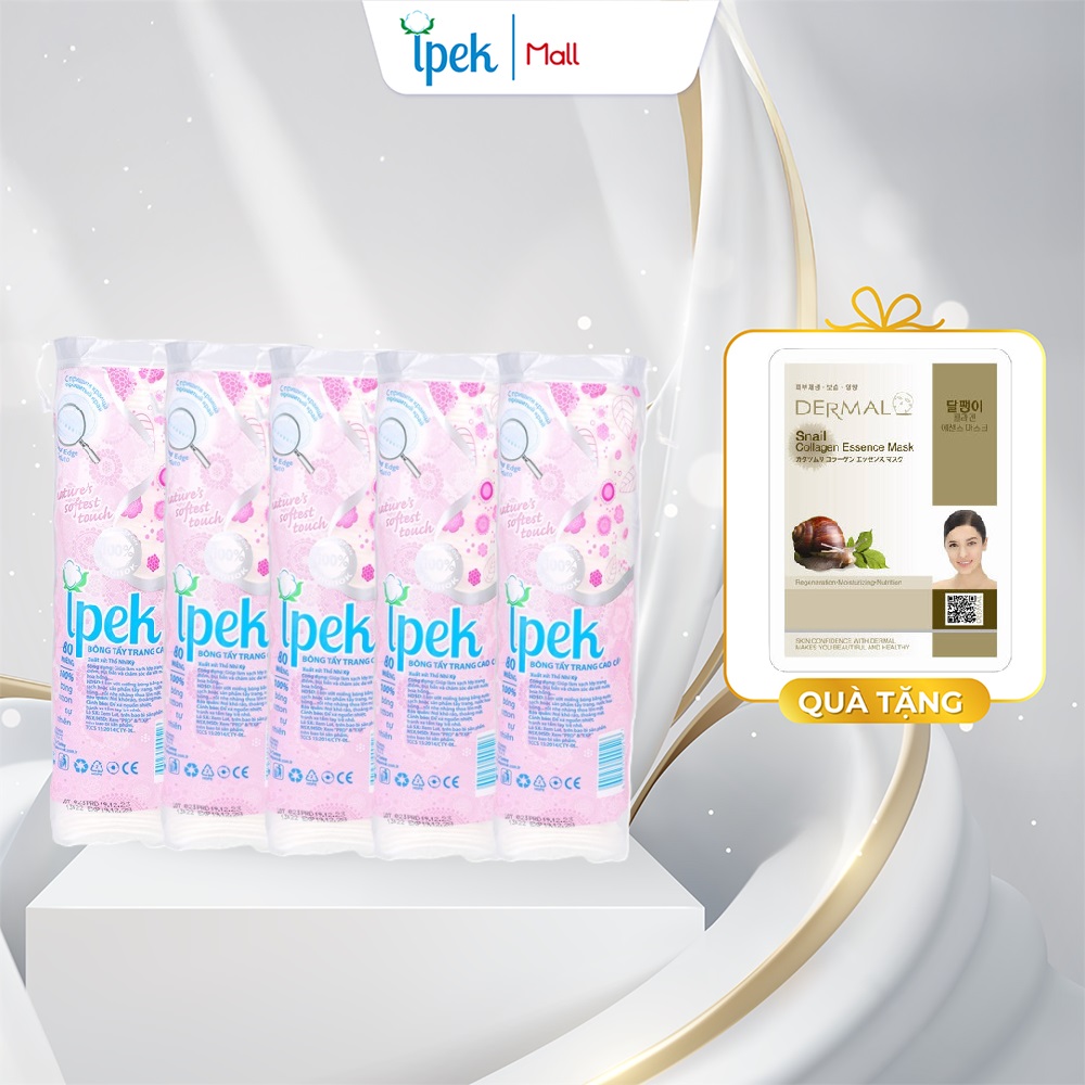 Tặng 2 mặt nạ dermal Combo 10 bông tẩy trang Ipek 80 miếng không xơ bông