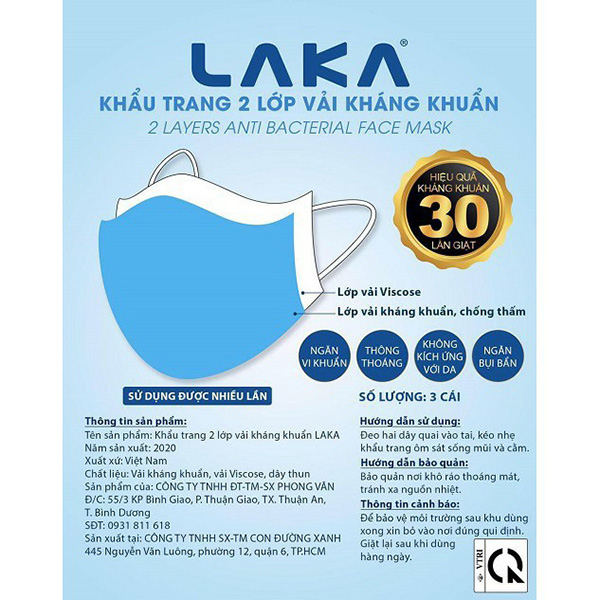 Túi 03 Khẩu Trang Vải Y Tế Kháng Khuẩn 2 Lớp LAKA Anti Bacterial Face Mask