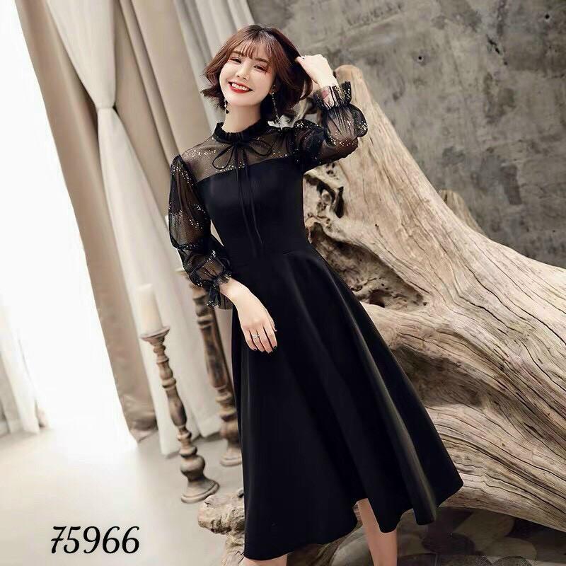 Đầm Xòe Dáng Dài Phối Tay Lưới_V13
