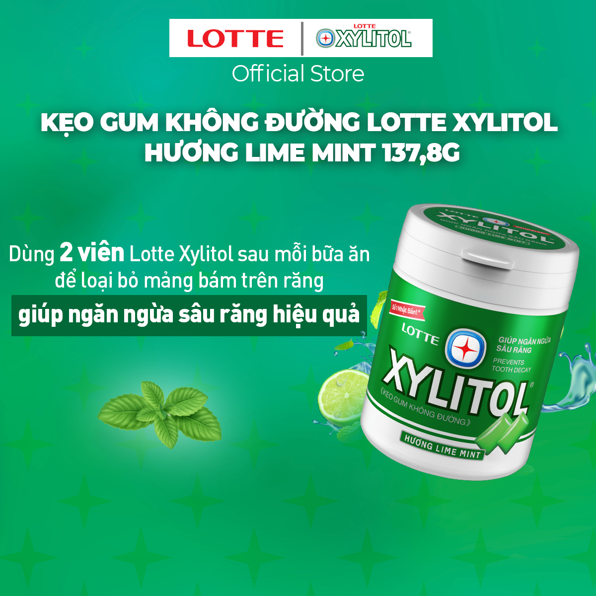 Kẹo Gum không đường Lotte Xylitol - Hương Lime Mint 130,5 g