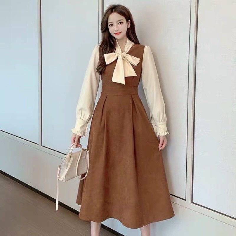 Váy đầm nữ dáng xòe phối tay cột nơ kiểu dáng thanh lịch duyên dáng thích hợp cho nàng đi chơi đi làm