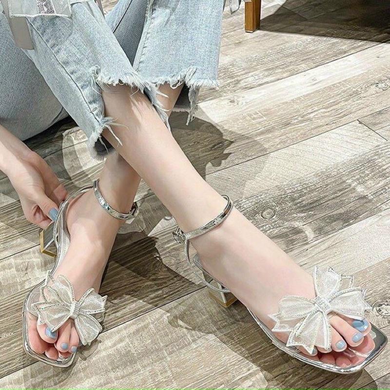 Sandal quai trong gắn nơ, sandal gót vuông 5cm