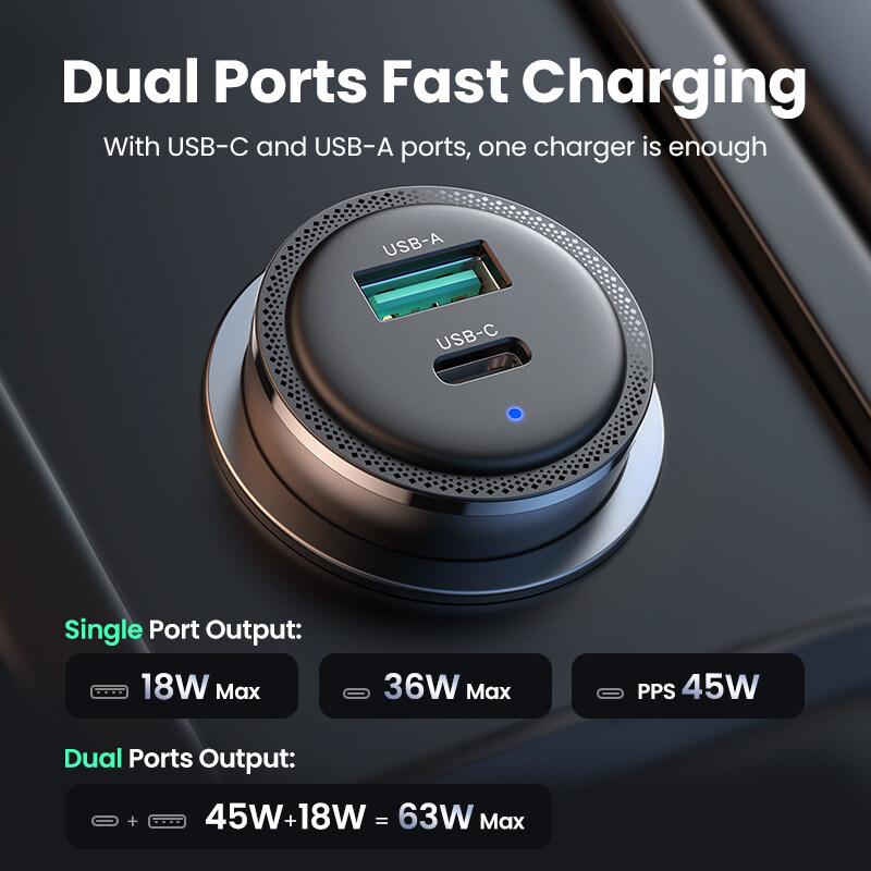 Ugreen UG90645CD239TK 63W Màu Đen Bộ sạc nhanh xe hơi gồm cổng USB-C 45W + USB-A 18W - HÀNG CHÍNH HÃNG