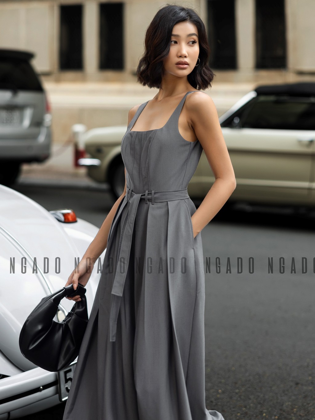 Jumpsuit xám xếp ly NGADO , Đồ công sở , Jumpsuit hai dây