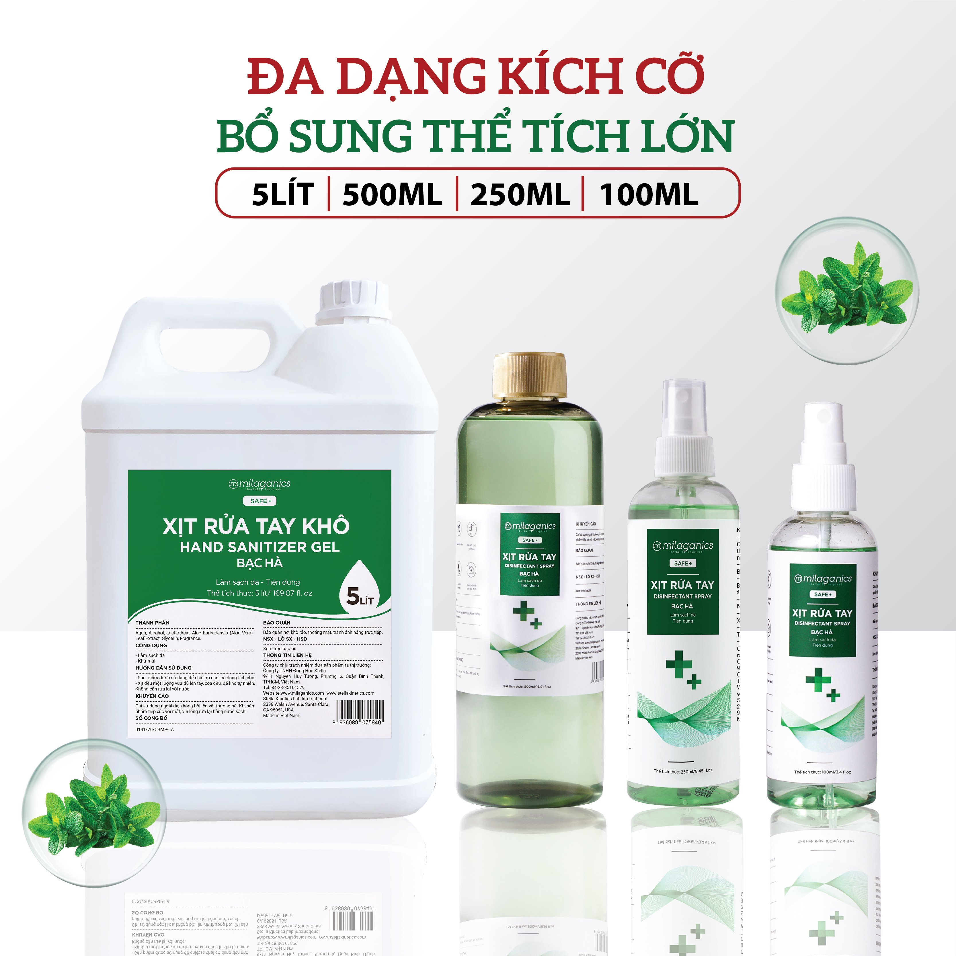 Xịt Rửa Tay Bạc Hà Làm Sạch Vượt Trội, X3 Dưỡng Ẩm Không Gây Khô Da MILAGANICS 50ml (Chai)