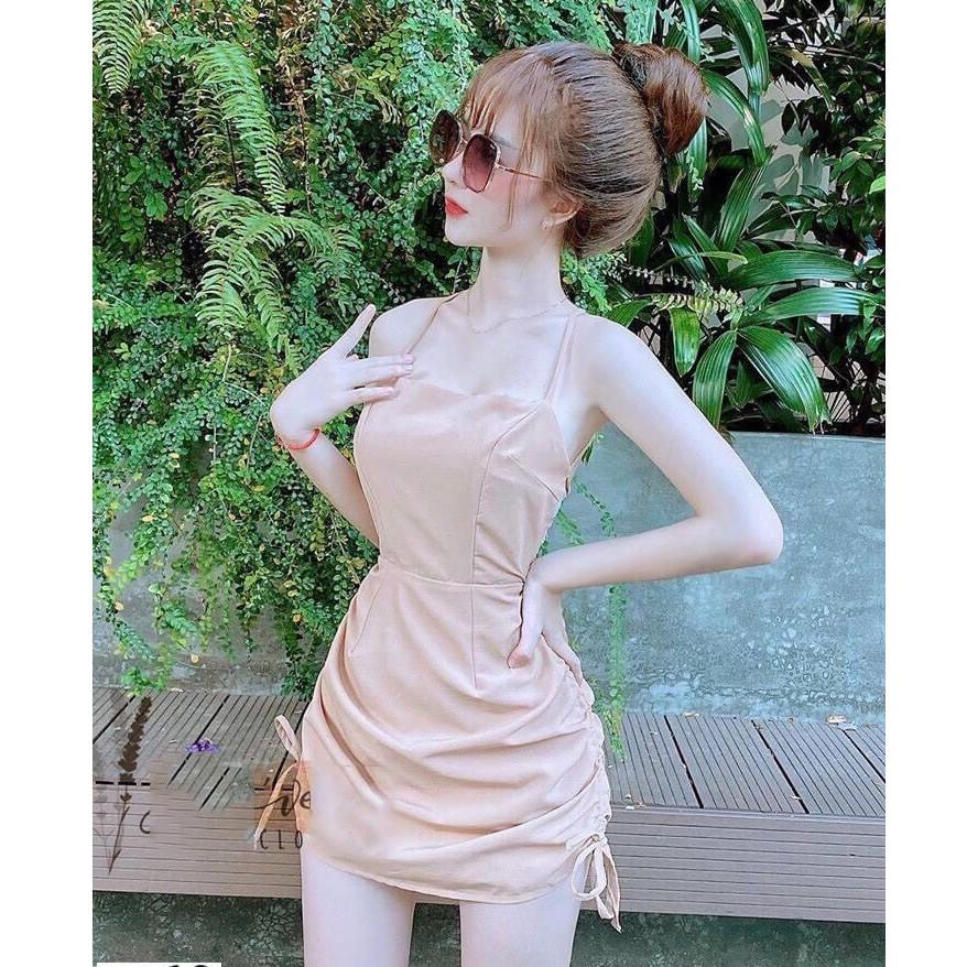 Đầm body rút dây cổ yếm đan dây lưng kèm mút