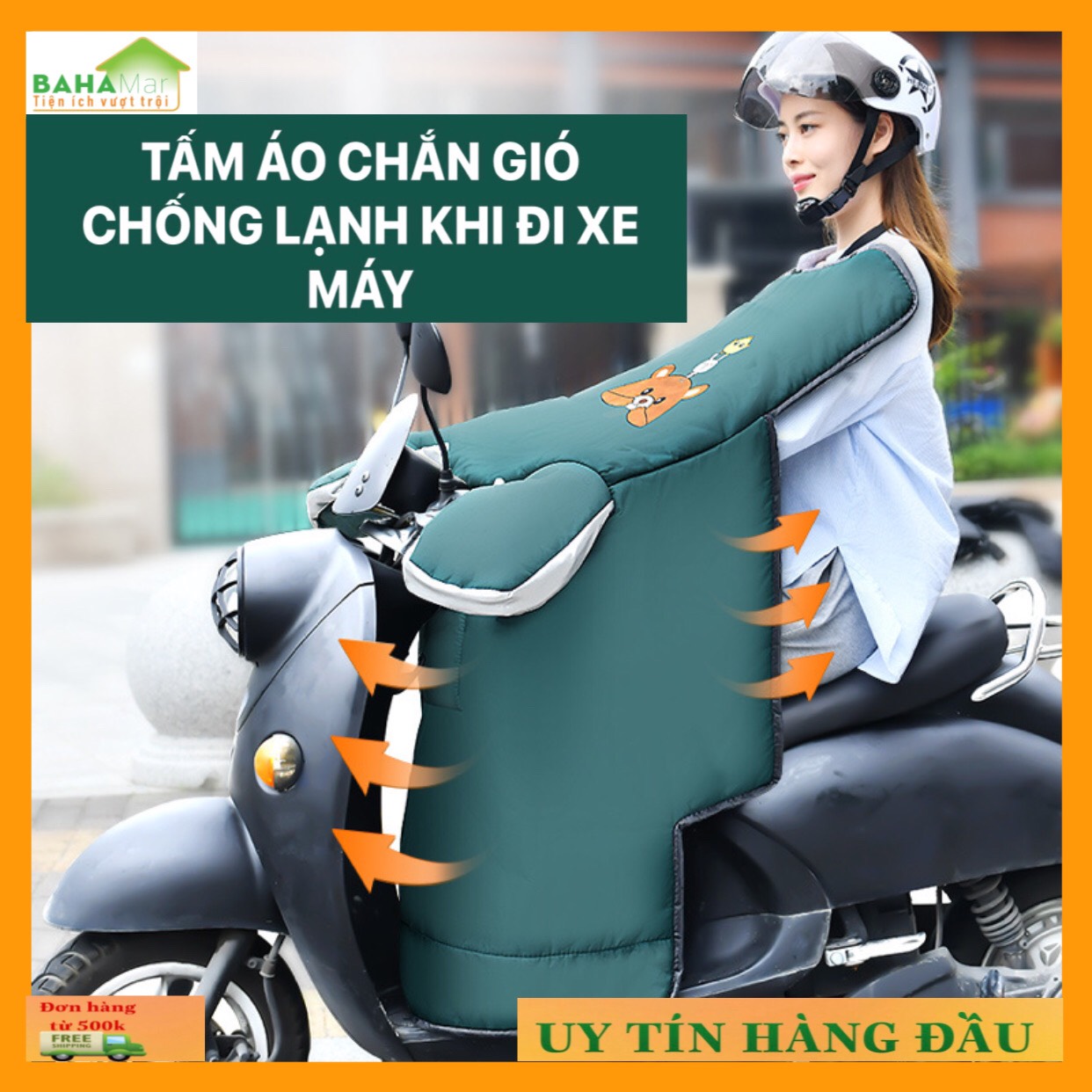 TẤM ÁO CHẮN GIÓ ĐI XE MÁY MÙA ĐÔNG (KÈM BAO TAY) CHỐNG LẠNH KHÔNG THẤM NƯỚC &quot;BAHAMAR&quot; giữ ấm, chống gió khi đi xe máy mùa đông . thuận tiện sử dụng