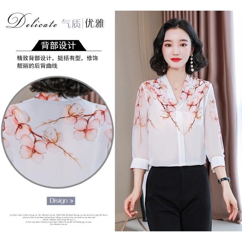 Sơ mi nữ dài tay_sơ mi cổ v vai hoa chất liệu nhẹ thoáng mát