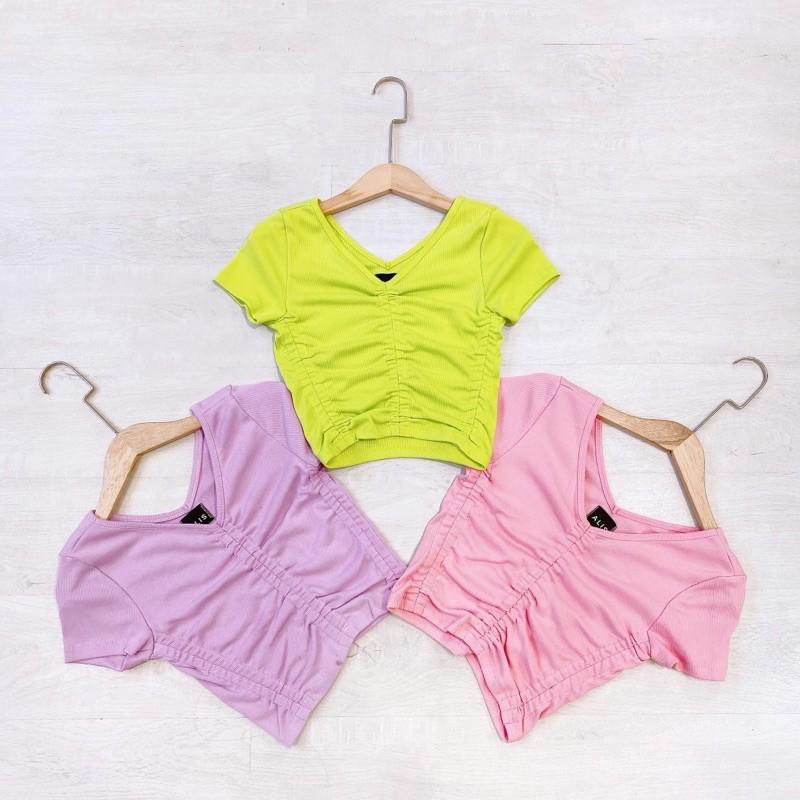 Áo Croptop Thun Gân Kiểu Nhún Rút Dây Ngắn Tay Thời Trang From Ôm Body Chuẩn Dáng Siêu Xinh Giá Rẻ Hở Eo Vải Dày Cá Tính