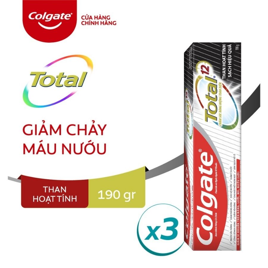 Bộ 3 Kem đánh răng Colgate giảm chảy máu nướu Total than hoạt tính bảo vệ toàn diện 190g/tuýp