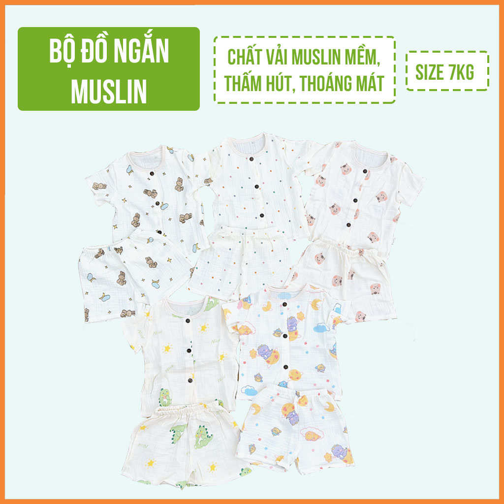Set Quần Áo Ngắn Tay Muslin Cho Trẻ Sơ Sinh Và Trẻ Nhỏ Dưới 8Kg