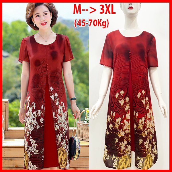 ĐẦM SUÔNG XẺ TÀ ĐÍNH NÚT IN HOA TRẮNG