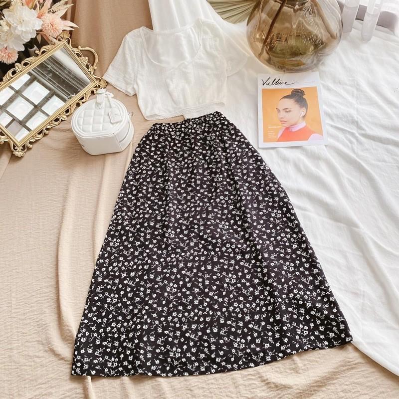 Set Áo Croptop Trắng Thêu Nổi + Chân Váy Midi Hoa - Kèm Ảnh Thật