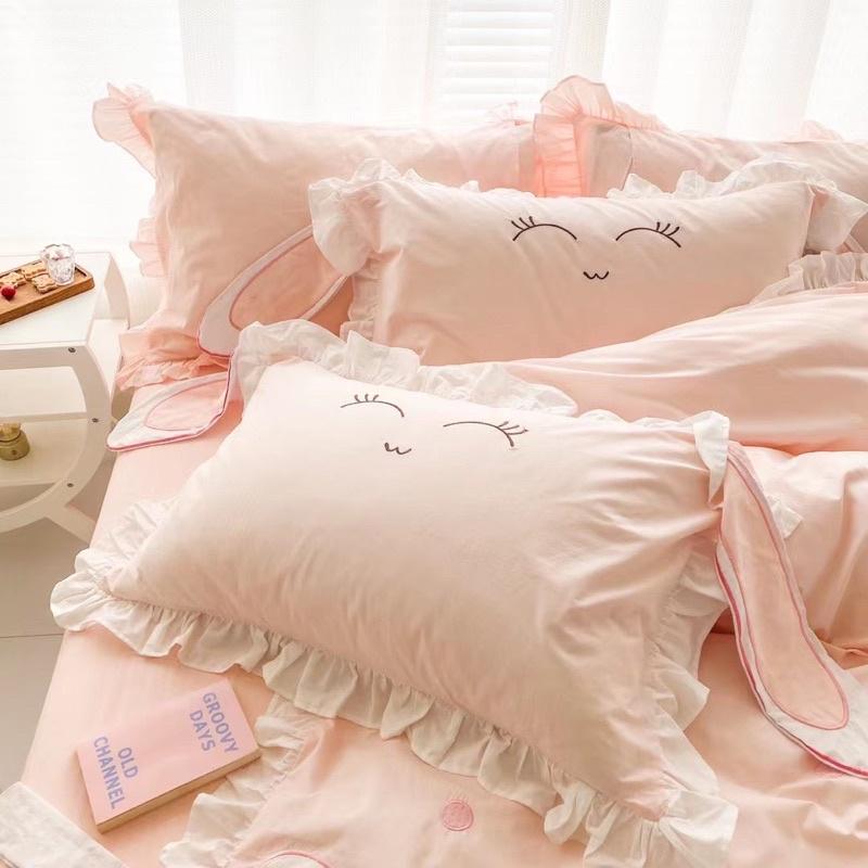 Bộ Chăn Ga Gối Cotton Linen Disney Hàng Nhập Khẩu Cao Cấp 5 Món Thỏ Hồng