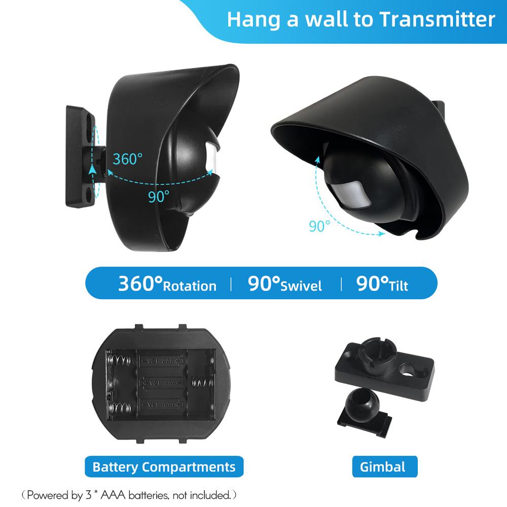 Cảm biến báo động không dây chuyển động ngoài trời chống nước gồm 1 Máy thu 2 Máy phát với phạm vi 38 Chimes 200m