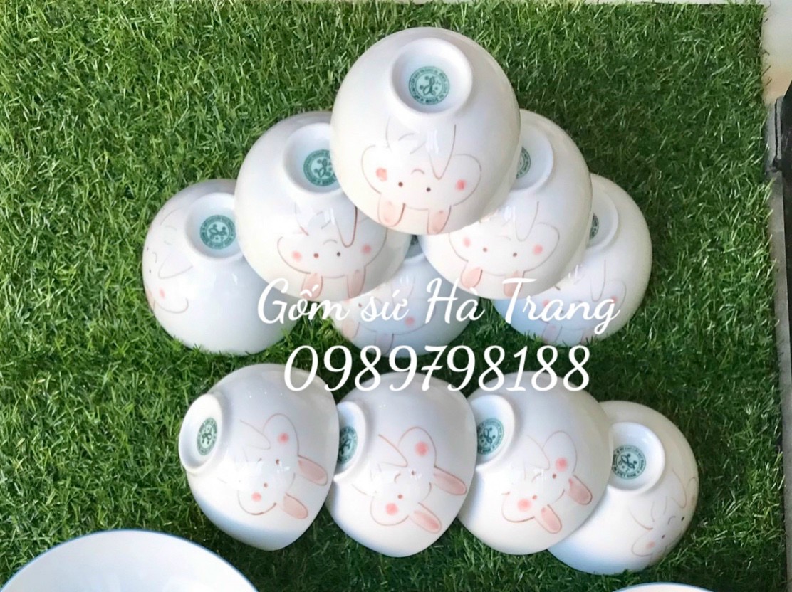 Combo 10 bát cơm gốm sứ Bát Tràng cao cấp không chì vẽ hoạ tiết thỏ