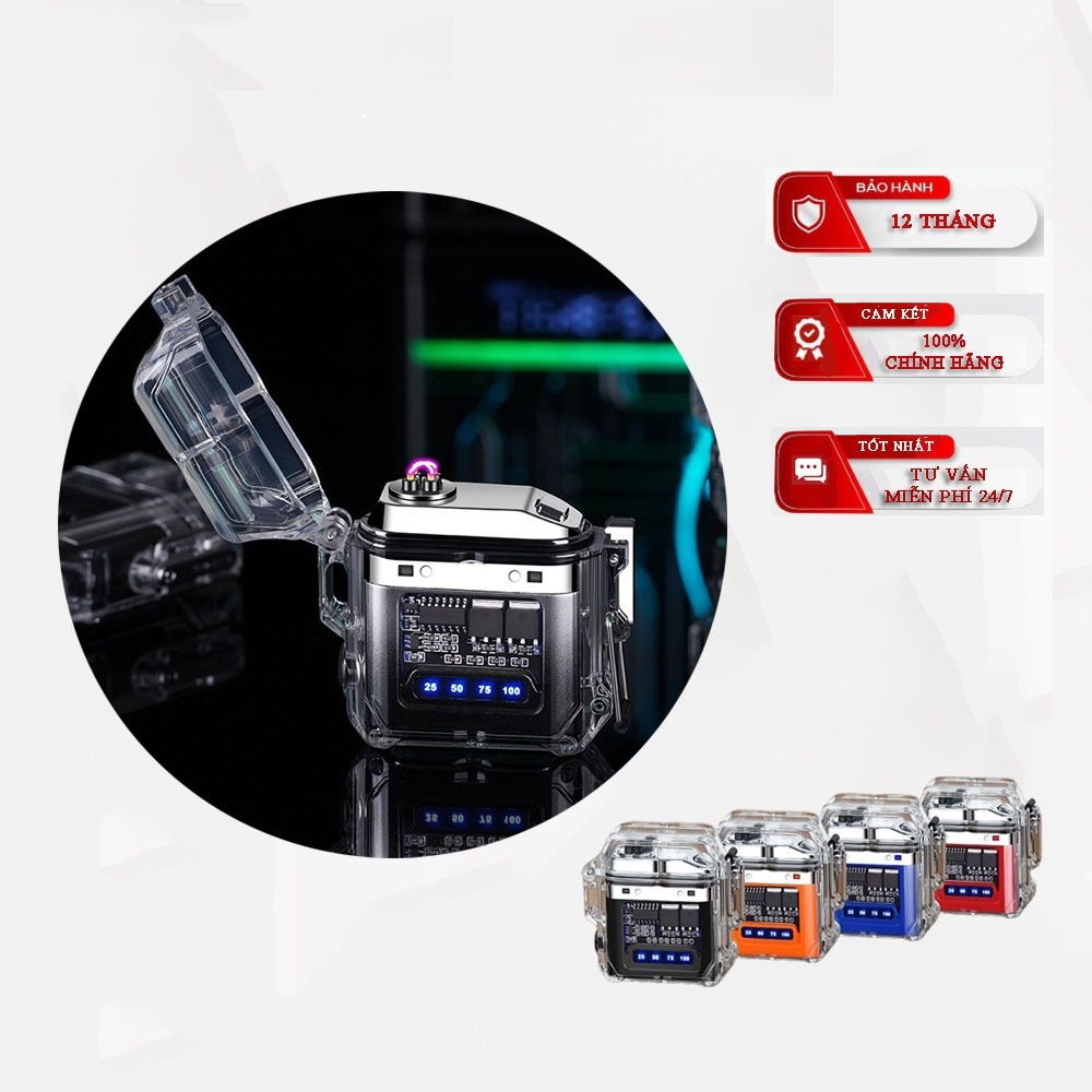 Quẹt Điện Plasma Tích Hợp Đèn Pin 3 Chế Độ Siêu Sáng - Vỏ Trong Suốt Chống Gió, Chống Nước - Hàng cao cấp