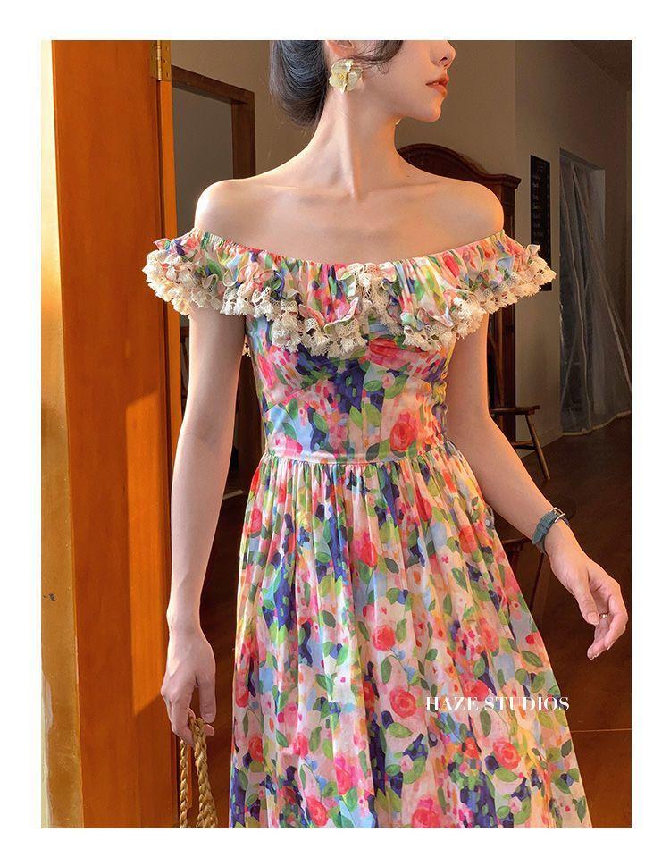 TOBE1SHOP 2023 Xuân và mùa hè Pháp Vintage váy một chiều vai trà nghỉ váy hở vai tranh sơn dầu in đầm mùa xuân nữ