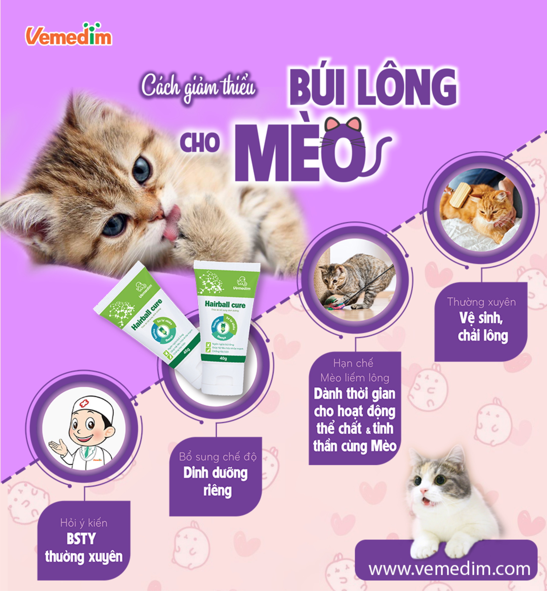 Tuýp bổ sung dinh dưỡng cho Chó Mèo Vemedim Hairball cure Tuýp 40g Giúp ngăn ngừa búi lông Chống táo bón, Lông bóng mượt