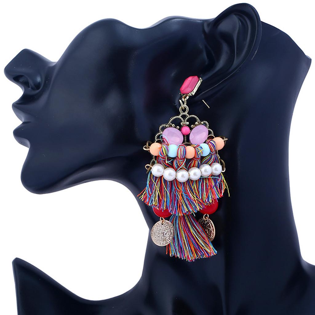 Trendy Shiny Tassel Fringe Earrings with Multisize Colorful Plastic Pearls