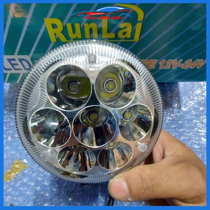 Bộ 2 đèn trợ sáng runlai 7 mắt tròn 11cm cho xe máy ô tô máy xúc máy công trình dùng điện 12/24V