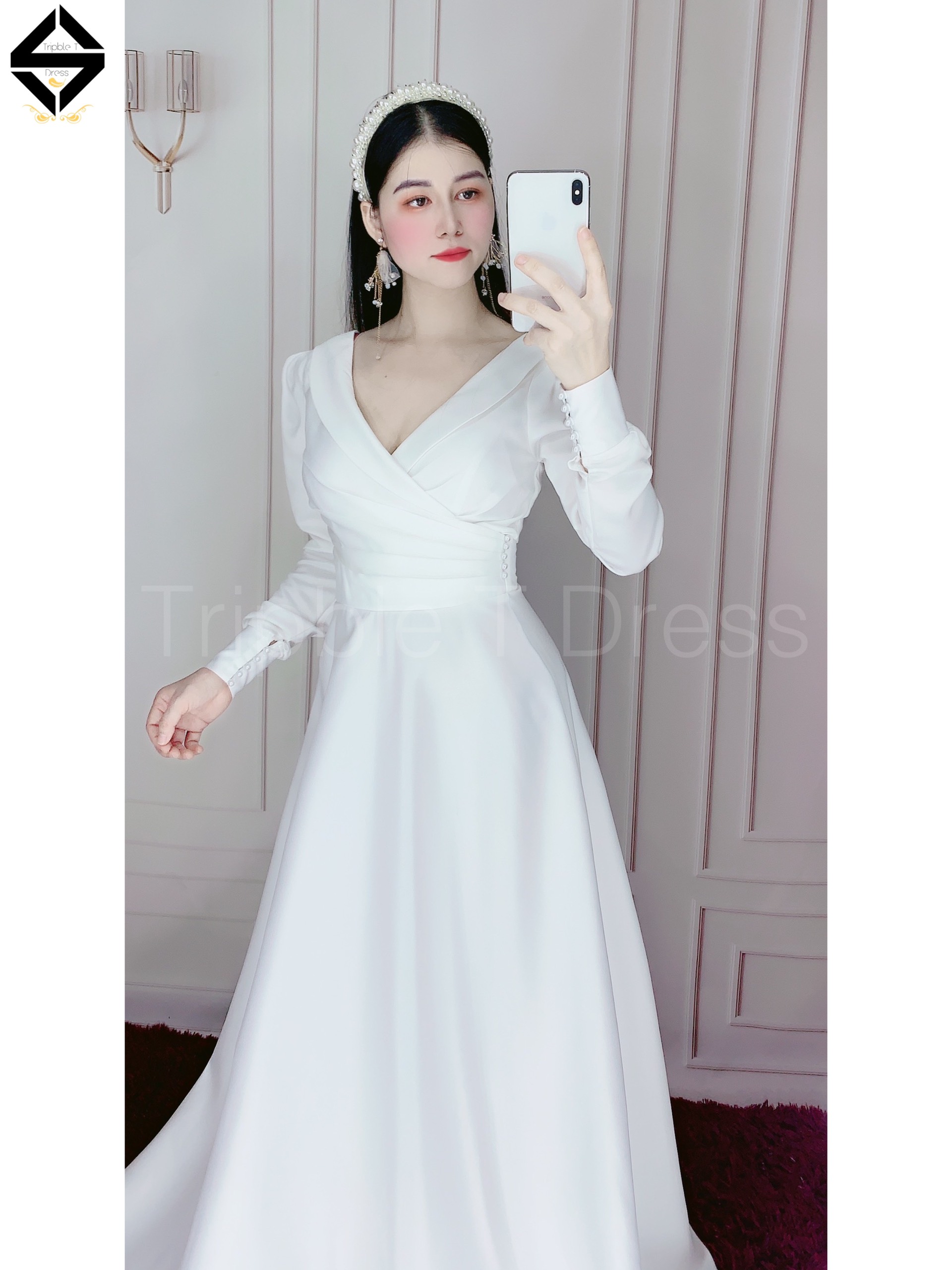 Đầm maxi mặc cưới tay dài hở lưng dây cườm TRIPBLE T DRESS -size S/M/L - MS160Y