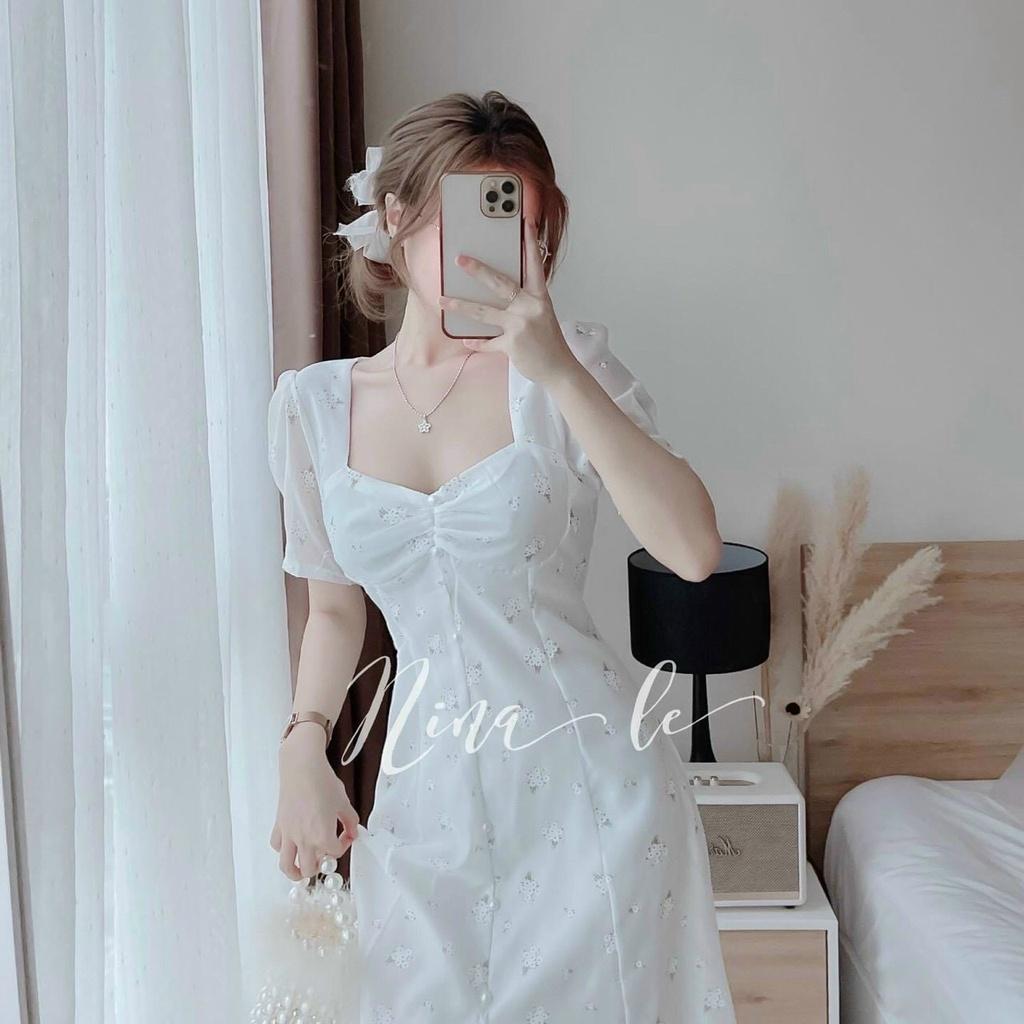 Đầm midi voan hoa 2 lớp tay phồng nhún ngực siêu xinh