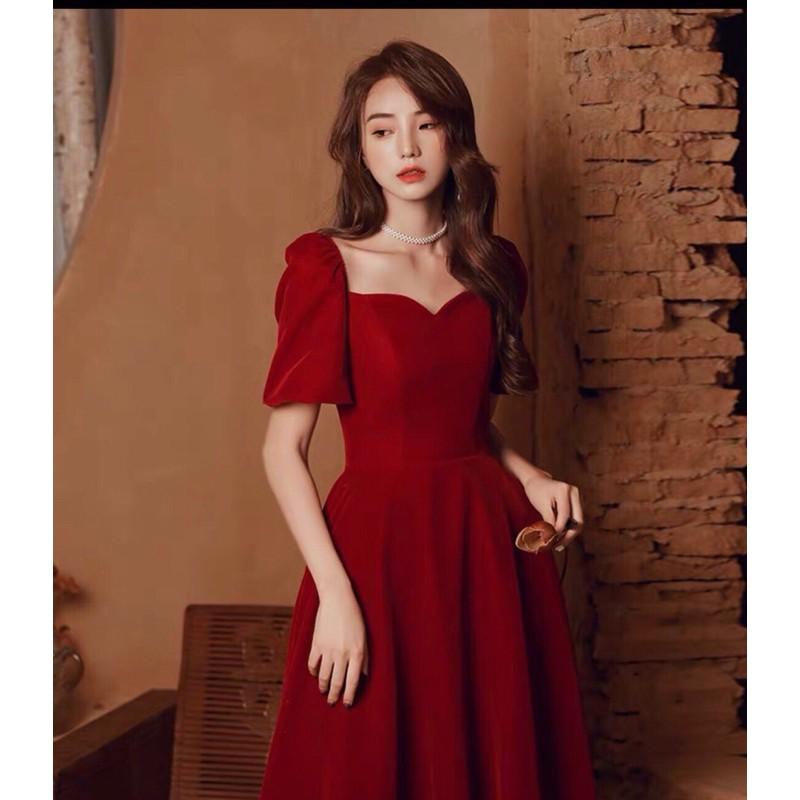 ĐẦM NHUNG MIDI TAY BỒNG