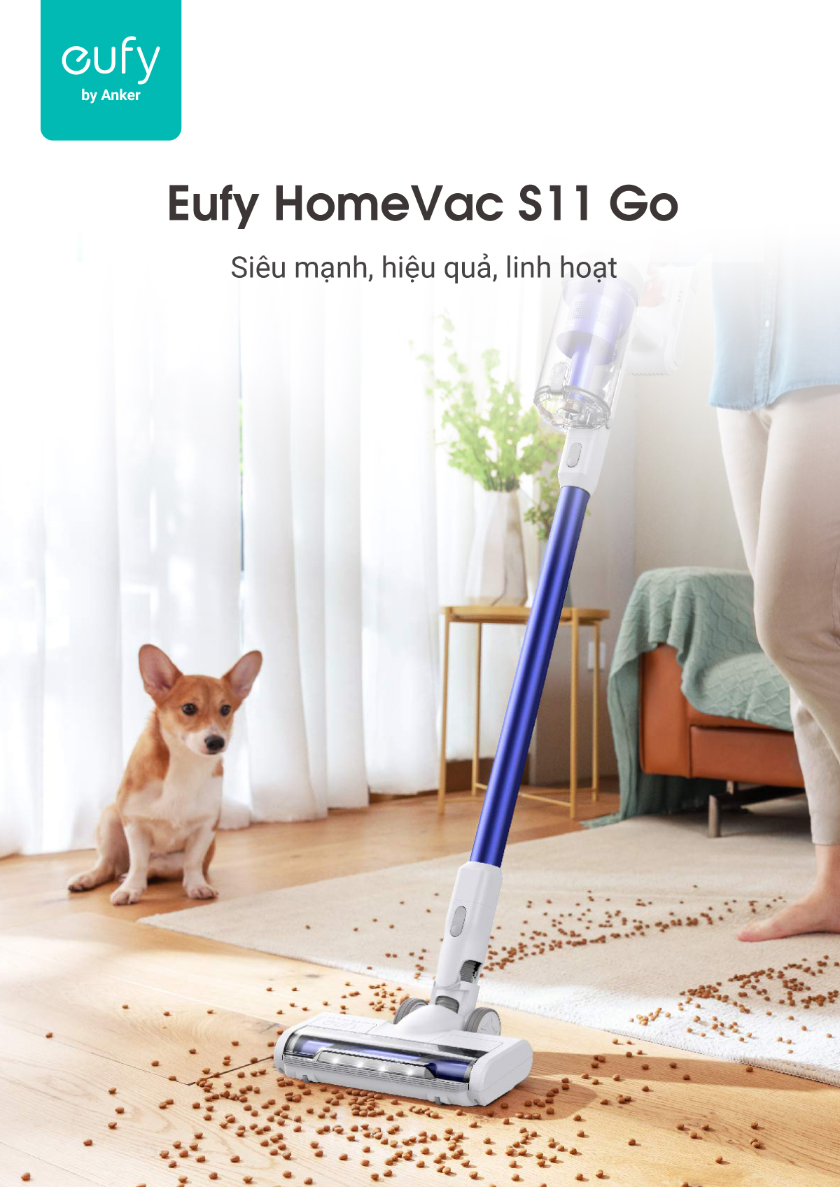 Máy hút bụi cầm tay không dây EUFY HomeVac S11 Go (by Anker) - T2501 - Lực hút 20000 Pa - Công suất hút 120AW - Hàng chính hãng bảo hành 1 năm