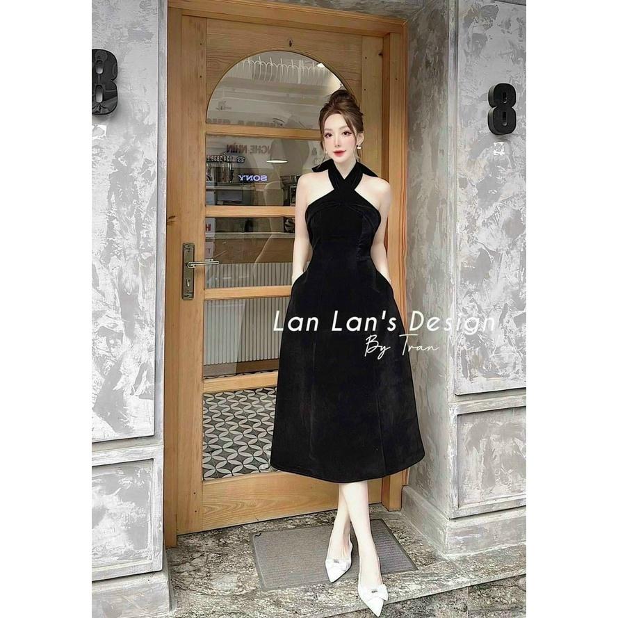 Đầm xòe dự tiệc nữ cổ yếm cột nơ hai màu đầm đỏ đen chất liệu nhung cứng