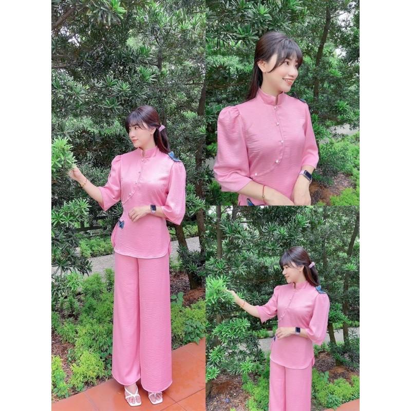 Bộ Đi Lễ Chùa - Đồ Lam Nữ Đi Chùa Đẹp Cao Cấp Trang Nhã Chất Vải Đũi Họa Tiết Con Bướm - AL008 - 2021 Dành Cho Phật Tử