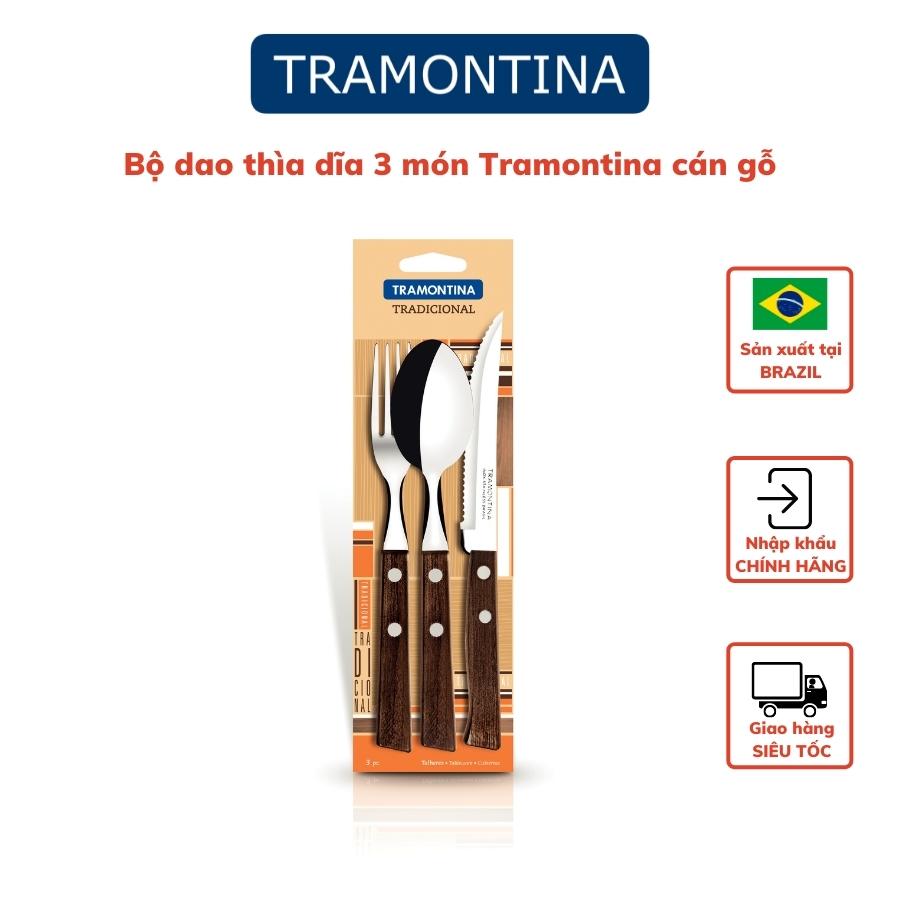 Bộ Dao Thìa Dĩa Tramontina 3 Món Lưỡi Thép Không Gỉ Cán Gỗ Đen Tự Nhiên Nhập Khẩu Brazil