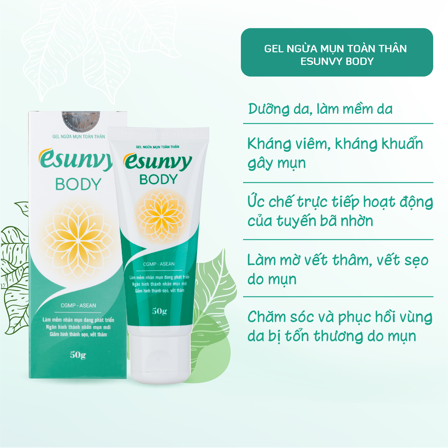 Gel Giảm Mụn Toàn Thân Esunvy Body Giúp Sạch Mụn, Hết Thâm, Mờ Sẹo Dùng Cho Mọi Loại Da Tuýp 50g TMP016