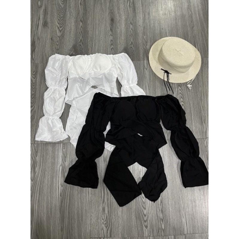 Áo Croptop Cổ Vuông Nhún Tay Nơ Lưng