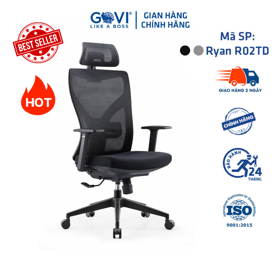 Ghế xoay văn phòng công thái học GOVI R02TD-Tựa đầu điều chỉnh, tựa tay cố định, mâm ghế ngả sau