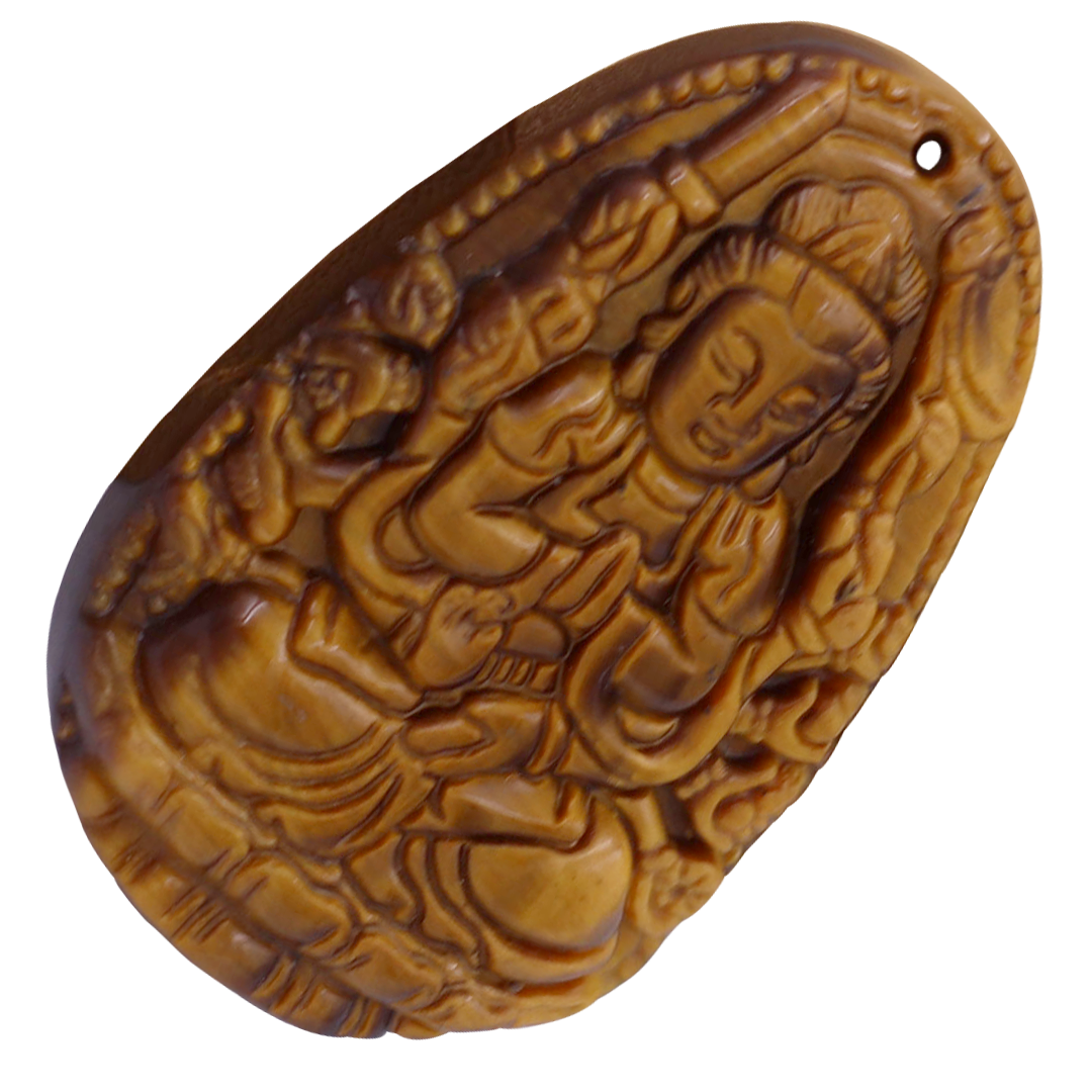 Hình ảnh Mặt Phật Thiên thủ thiên nhãn đá mắt hổ 4.5 cm kèm vòng cổ hạt chuỗi đá đen - mặt dây chuyền size lớn - size L, Mặt Phật bản mệnh, Quan âm bồ tát