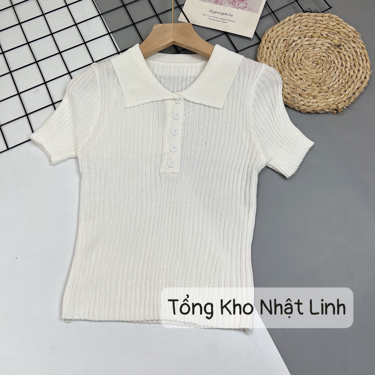 Áo croptop dệt kim tay ngắn cổ polo thời trang