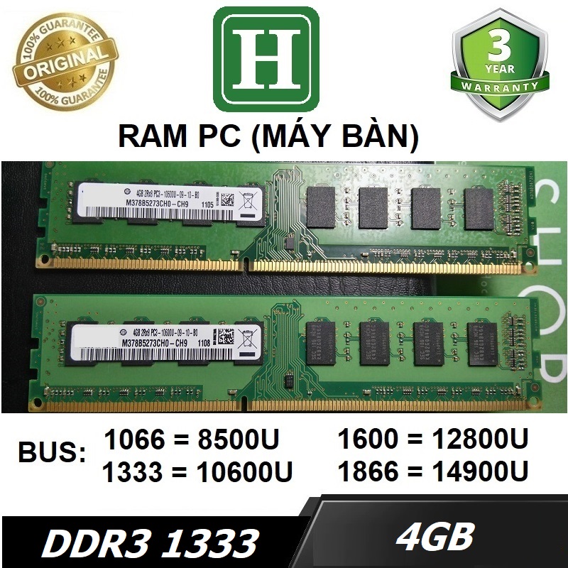 Ram PC 4GB DDR3 bus 1333 (10600U) ram dùng cho deskop, máy bàn