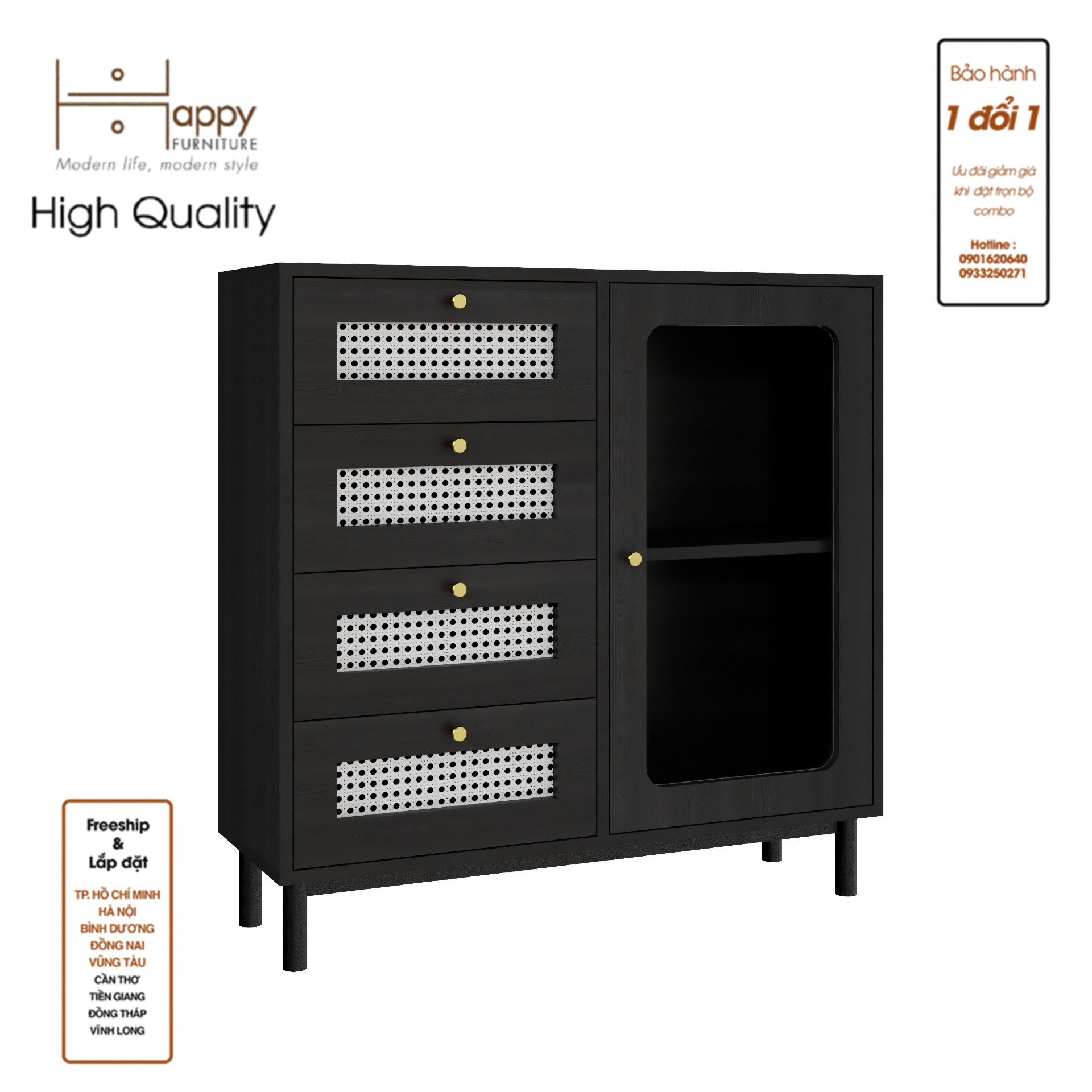 [Happy Home Furniture] ROTAN, Tủ đựng đồ cửa kính - 4 ngăn kéo - chân sắt , 90cm x 30cm x 90cm ( DxRxC), THK_124