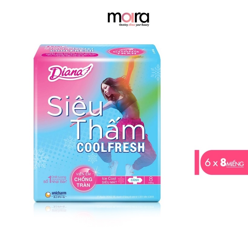 Bộ 12 Băng vệ sinh Diana Siêu thấm Cool Fresh Siêu mỏng Cánh 08 miếng