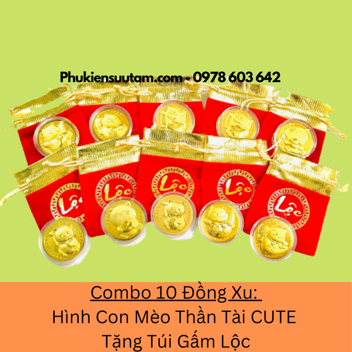 Combo 10 Đồng Xu Hình Con Mèo Thần Tài CUTE Tặng Túi Gấm Lộc, đường kính: 4cm, màu vàng - SP005930