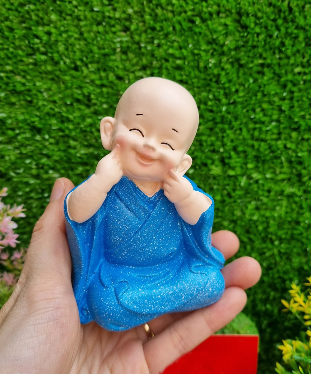 Bộ 04 chú tiểu Tứ Không áo màu xanh dương 10cm - tặng kèm túi 50 xu vàng mini may mắn