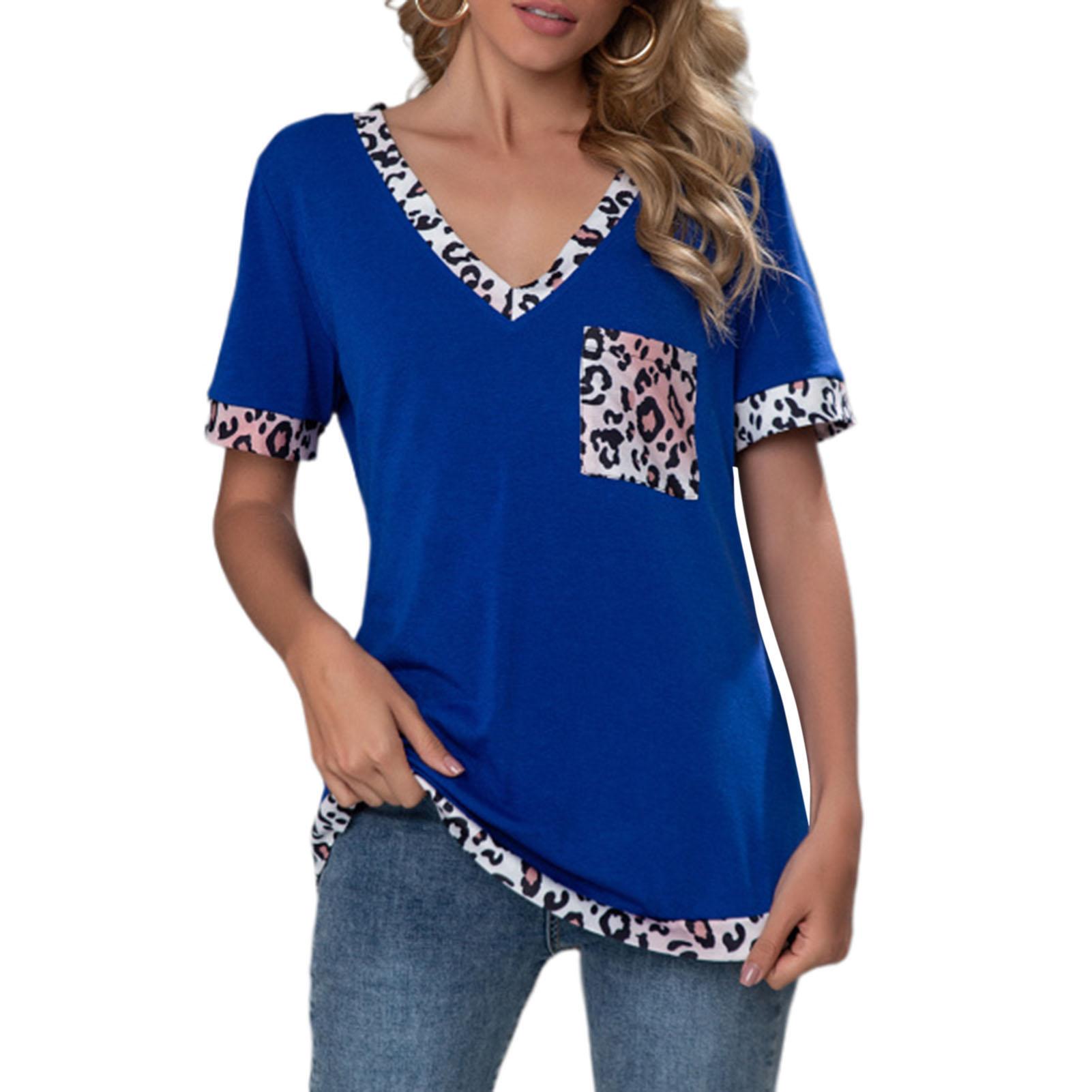 Women T-shirt Leopard Splicing V Neck Short Sleeve Chest Pocket Blouse Casual Loose Tunic Tops