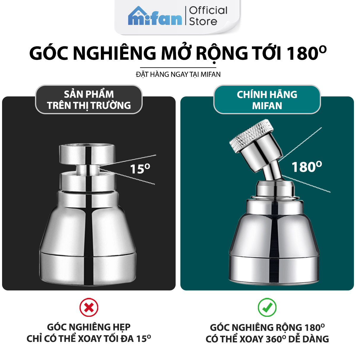 Đầu nối vòi rửa bát tăng áp đồng thau inox 304 cao cấp Mifan - Xoay 360 độ, 3 chế độ nước cực mạnh, sục khí chống bắn toé - Bồn rửa chén nhà bếp